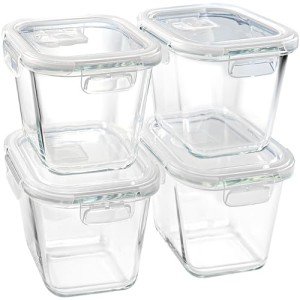 Square Glass Food Storage Containers with Lids, 4 Cup Borosilicate Glass Meal Prep Bowl, Microwave & Freezer Safe Jars, Small Soup Containers for Salad, Fruit, Lunch, Ice Cream, Travel (32 oz, 4 Pack)