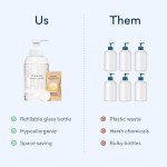 BLUELAND Hand Soap Starter Set, 1 Refillable Glass Foaming Hand Soap Dispenser with 4 Refill Tablets, Variety Scents, 4 x 9 Fl oz