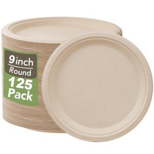 WELLIFE 100% Compostable Paper Plates 9 Inch, 125-Pack Heavy Duty Paper Plates Bulk,Biodegradable Bagasse,Eco-Friendly Disposable Dinner Plate for BBQ,Picnic,Party (BPI Certified,Microwaveable)