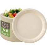Dhaey 100% Compostable Plates 50pcs Biodegradable Free Dinnerware Set - Natural Compostable Party Combo Set With Microwave Safe Eco Plates & Utensils Natural