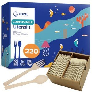 CORAL Light Brown 100% Compostable Spoons & Forks Set - 220 Pieces - No Plastic Cutlery, 110 Forks, 110 Soup Spoons - Break-Resistant with Smooth Edges, Ocean-Friendly Alternative to Plastic Utensils