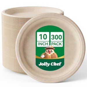 JOLLY CHEF Compostable Heavy Duty Plates 𝟭𝟬 𝗜𝗻𝗰𝗵 [𝟯𝟬𝟬 𝗣𝗮𝗰𝗸] Eco-Friendly Disposable Paper Plates Made of Bagasse Biodegradable Bulk for Party Dinner Sugarcane Fibers Round (Natural)