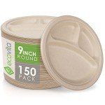 Ecovita 100% Compostable Paper Plates [9 in.] COMPARTMENTS – 150 Disposable Plates Eco Friendly Sturdy Tree Free Liquid and Heat Resistant Alternative to Plastic or Paper Plates