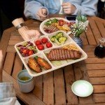 WELLIFE 100% Compostable 5 Compartment Paper Plates, 125 Pack Heavy Duty Disposable School Lunch Trays, 10.25 * 8.25 Inch Eco-Friendly Bagasse Plates for Boys, Girls and Youth (BPA Free,Microwaveable)