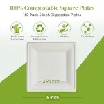 ECOLipak 150 Piecs Compostable Square Plates, 6 inch Eco-friendly Heavy Duty Biodegradable Sugarcane Disposable Paper Plates for Party Dinner Birthday