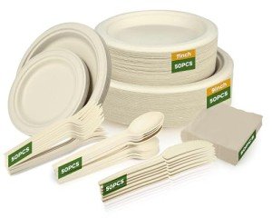 BSDPREF 300Pcs Disposable Paper Plates Set, Compostable Plate Sugarcane Utensils Eco Friendly Dinnerware Kit Includes 50 Biodegradable Plates, Forks, Knives and Spoons