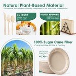 Gezond Compostable Paper Plates Set 300 Pieces Disposable Plates 10-inch Eco-friendly Paper Plates Heavy-duty Utensils and Napkins for Party, Made From Sugarcane Pulp