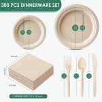 Gezond Compostable Paper Plates Set 300 Pieces Disposable Plates 10-inch Eco-friendly Paper Plates Heavy-duty Utensils and Napkins for Party, Made From Sugarcane Pulp