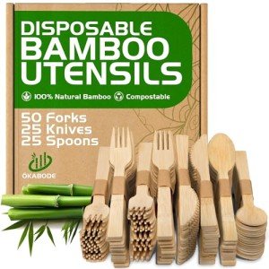 ÖKABODE Bamboo Utensils, 100 Pack - 50 Forks, 25 Knives, 25 Spoons 100% Bamboo Silverware Set, Disposable & Compostable Utensils, Eco-Friendly & Biodegradable Cutlery Alternative to Wooden Silverware