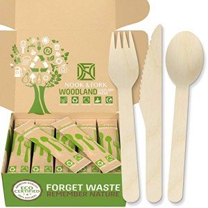 Woodland Premium Disposable Wooden Cutlery – Biodegradable Utensils Set of Forks, Spoons, Knives – 50 Wooden Silverware Packs by Nook & Fork