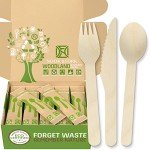 Woodland Premium Disposable Wooden Cutlery – Biodegradable Utensils Set of Forks, Spoons, Knives – 50 Wooden Silverware Packs by Nook & Fork