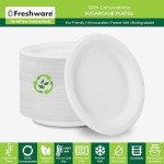 Freshware Paper Plates - Disposable 10" Plate, Biodegradable Sugarcane Fiber Dinner Plates - Heavy Duty Dinnerware for Hot Food - Microwave & Freezer Safe, Stackable Dinnerware - 150-Pack, 10 Inch