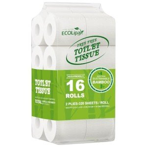 ECOLipak Bamboo Toilet Paper, Septic Safe Toilet Tissue, 16 Double Rolls, 320 Sheets Per Roll, Tree Free, Non Toxic, 2 Ply, Soft and Absorbent, Eco Friendly Dye-Free Paper