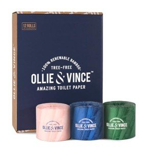 Ollie & Vince Bamboo Toilet Paper | Sustainable, Eco-Friendly, Plastic-Free & Tree-Free, Organic | 12 Rolls, 3-Ply, Soft, Strong & Septic Safe, Unscented | Premium Bathroom Tissue