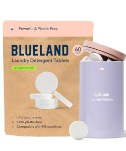 BLUELAND Laundry Detergent Tablets, Starter Set, 60 Count with Tin, Spring Bloom Scent, Plastic-Free Eco-Friendly Pods, Sheets, Liquid Alternative - Natural, Gentle, Non Toxic