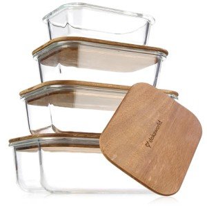 dokaworld Glass Food Storage Containers With Acacia Lids – Glass Meal Prep Containers – Set of 4 Airtight Stackable Food Storage Kitchen Containers – Eco-Friendly Oven Safe Nesting Lunch Containers