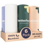 Betterway Bamboo Paper Towels - 6 Rolls, 2 Ply - Plastic Free, Disposable Kitchen Paper Towels - Select Size, Tree Free, Compostable, Strong & Absorbent, No Dyes