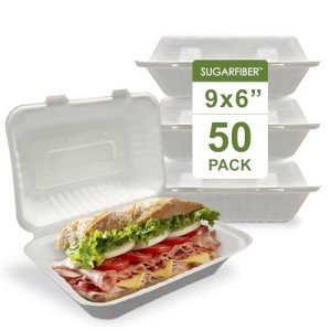 [50 COUNT]Harvest Pack 9 X 6" White Compostable Clamshell Food Containers, To go food container, Heavy-Duty Hinged Container, Disposable Bagasse Eco-Friendly Natural Sugarcane Takeout to go Box