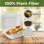 [50 COUNT]Harvest Pack 9 X 6" White Compostable Clamshell Food Containers, To go food container, Heavy-Duty Hinged Container, Disposable Bagasse Eco-Friendly Natural Sugarcane Takeout to go Box