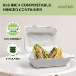 [50 COUNT]Harvest Pack 9 X 6" White Compostable Clamshell Food Containers, To go food container, Heavy-Duty Hinged Container, Disposable Bagasse Eco-Friendly Natural Sugarcane Takeout to go Box