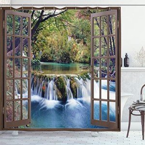 Ambesonne Waterfall Shower Curtain, Wide Waterfall Deep Down in The Forest Seen from a City Window Epic Surreal Print, Cloth Fabric Bathroom Decor Set with Hooks, 69" W x 70" L, Forest Green