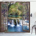 Ambesonne Waterfall Shower Curtain, Wide Waterfall Deep Down in The Forest Seen from a City Window Epic Surreal Print, Cloth Fabric Bathroom Decor Set with Hooks, 69" W x 70" L, Forest Green