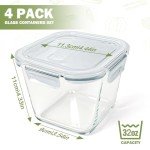 Square Glass Food Storage Containers with Lids, 4 Cup Borosilicate Glass Meal Prep Bowl, Microwave & Freezer Safe Jars, Small Soup Containers for Salad, Fruit, Lunch, Ice Cream, Travel (32 oz, 4 Pack)