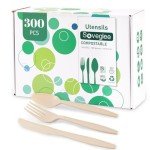 SOVEGLEE 300 Count Compostable Heavy Duty Silverware 100 Forks 100 Spoons 100 Knives, Large Disposable Biodegradable Cutlery, 7" No Plastic Eco Friendly Disposable Utensils Set for Wedding, Party, Office, Beige