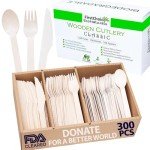 300-Piece Compostable Wooden Cutlery Set – 100 Forks, 100 Spoons, 100 Knives – Disposable Utensils in Paper Box Tray – Eco-Friendly for Restaurants, Schools, Offices, Parties, Catering