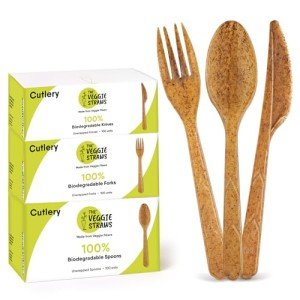 100% Biodegradable Cutlery Made of Vegetable Fibers, 300 PCS of 6.7” Long Heavy-Duty and Splinter Free Eco-Friendly Spoons, Forks & Knives, Perfect Sustainable Cutlery by The Veggie Straws