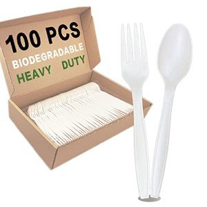 100pcs 100% Compostable Biodegradable Utensils Disposable Cutlery Set Cornstarch Spoon Fork Knife Alternative to Plastic (Spoon 50, Fork 50)