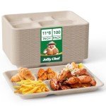 JOLLY CHEF Compostable 𝟱 Compartment Paper Plates 𝟭𝟭 * 𝟴 𝗶𝗻𝗰𝗵 [𝟭𝟬𝟬 𝗣𝗮𝗰𝗸] Heavy Duty Natural Divided Disposable Eco-Friendly Biodegradable Containers Food Trays for Dinner Lunch Buffet