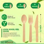 ECOSANX® 200 PCs Disposable Wooden Cutlery set 6.5" Splinter Free Compostable Utensils for party, Eco-Friendly, 100% All-Natural Bamboo Utensils set for picnic, Bamboo cutlery set for Events & More