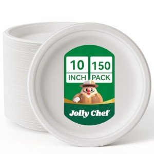 JOLLY CHEF Compostable Heavy Duty Plates 𝟭𝟬 𝗜𝗻𝗰𝗵 [𝟭𝟱𝟬 𝗣𝗮𝗰𝗸] Eco-Friendly Disposable White Paper Plates Bagasse Biodegradable Bulk for Party Dinner Sugarcane Fibers Round (White)
