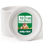 JOLLY CHEF Compostable Heavy Duty Plates 𝟭𝟬 𝗜𝗻𝗰𝗵 [𝟭𝟱𝟬 𝗣𝗮𝗰𝗸] Eco-Friendly Disposable White Paper Plates Bagasse Biodegradable Bulk for Party Dinner Sugarcane Fibers Round (White)