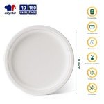 JOLLY CHEF Compostable Heavy Duty Plates 𝟭𝟬 𝗜𝗻𝗰𝗵 [𝟭𝟱𝟬 𝗣𝗮𝗰𝗸] Eco-Friendly Disposable White Paper Plates Bagasse Biodegradable Bulk for Party Dinner Sugarcane Fibers Round (White)