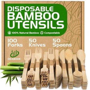 ÖKABODE Bamboo Utensils, 200 Pack - 100 Forks, 50 Knives, 50 Spoons 100% Bamboo Silverware Set, Disposable & Compostable Utensils, Eco-Friendly & Biodegradable Cutlery Alternative to Wooden Silverware