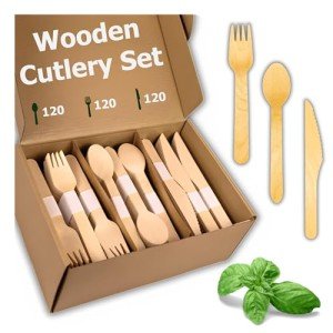 Envmax Disposable Wooden Cutlery Set 360 PCS - 100% Compostable Wooden Silverware [120 Forks, 120 Spoons, 120 Knives] - Wooden Disposable Utensils - Compostable Forks and Spoons - Silverware