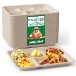 JOLLY CHEF Compostable 𝟱 Compartment Paper Plates 𝟭𝟬 * 𝟴 𝗶𝗻𝗰𝗵 [𝟭𝟮𝟱 𝗣𝗮𝗰𝗸] Heavy Duty Divided Disposable Eco-Friendly Biodegradable Containers Food Trays for Dinner Lunch Buffet(Brown)