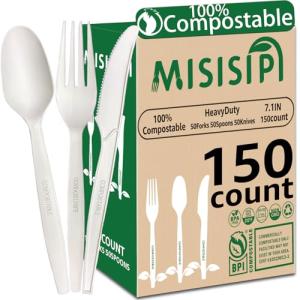 MISISIPI 150-Count Compostable Utensils Set - Heavy Duty BPI Certified, Plastic-Free Disposable Forks, Spoons, Knives for BBQ, Camping, Events, Plant-Based Cutlery