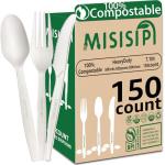 MISISIPI 150-Count Compostable Utensils Set - Heavy Duty BPI Certified, Plastic-Free Disposable Forks, Spoons, Knives for BBQ, Camping, Events, Plant-Based Cutlery