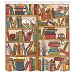 Ambesonne Cat Shower Curtain, Nerd Book Lover Kitty Sleeping Over Bookshelf Library Academics Feline Boho Design, Cloth Fabric Bathroom Decor Set with Hooks, 69" W x 70" L, Ecru Camel White