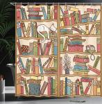 Ambesonne Cat Shower Curtain, Nerd Book Lover Kitty Sleeping Over Bookshelf Library Academics Feline Boho Design, Cloth Fabric Bathroom Decor Set with Hooks, 69" W x 70" L, Ecru Camel White