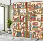 Ambesonne Cat Shower Curtain, Nerd Book Lover Kitty Sleeping Over Bookshelf Library Academics Feline Boho Design, Cloth Fabric Bathroom Decor Set with Hooks, 69" W x 70" L, Ecru Camel White