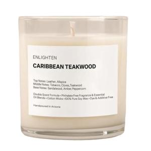Enlighten Caribbean Teakwood Candle | Luxurious Leather, Black Pepper, Tobacco Scent | Double Scent Load for Enhanced Aroma | Eco-Friendly, Hand-Poured Soy Wax | 12oz Glass Tumbler | Made in USA