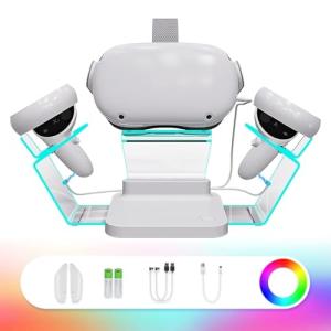 HiBloks Charging Station for Meta/Oculus Quest 2, Illuminated VR Stand for Quest 2, Magnetic Controller & Headest Display Charger with 2 Rechergeable Batteries, Battery Cover and USB-C Charger Cable