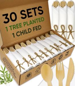EcoPreps Premium Pre-Rolled Napkin and Bamboo Cutlery Set (30 Pack, 120 PCS) 100% Biodegradable, Eco-Friendly, Disposable Wrapped Cutlery - Includes Pre-Wrapped Bamboo Forks, Knives, Spoons, & Napkins