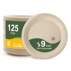 WELLIFE 100% Compostable Paper Plates 9 Inch, 125-Pack Heavy Duty Paper Plates Bulk,Biodegradable Bagasse,Eco-Friendly Disposable Dinner Plate for BBQ,Picnic,Party (BPI Certified,Microwaveable)