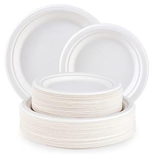 ECOLipak 120 Pack Compostable Paper Plates, 9 inch and 7 inch Heavy Duty Disposable Paper Plates, Eco friendly Sugarcane Biodegradable for Party Dinner Birthday