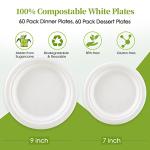 ECOLipak 120 Pack Compostable Paper Plates, 9 inch and 7 inch Heavy Duty Disposable Paper Plates, Eco friendly Sugarcane Biodegradable for Party Dinner Birthday